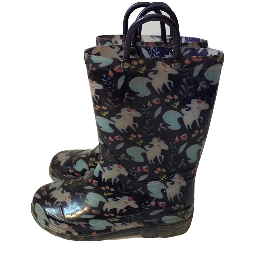 Western Chief Kids Navy Blue Unicorn Floral Waterproof Rain Boots Size 13/1